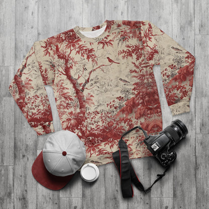 Toile de Jouy Scenic Sweatshirt — Vintage Red Botanical & Bird Print