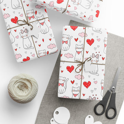 Valentine Cat & Hearts Wrapping Paper Roll — Cute Gift Wrap for Valentine's Day