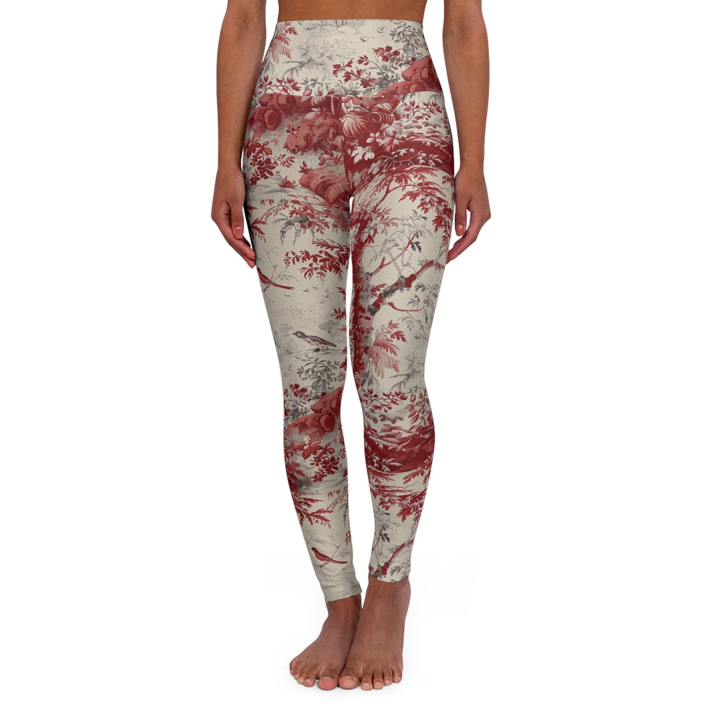 Toile Floral High-Waisted Yoga Leggings — Red Vintage Garden Print