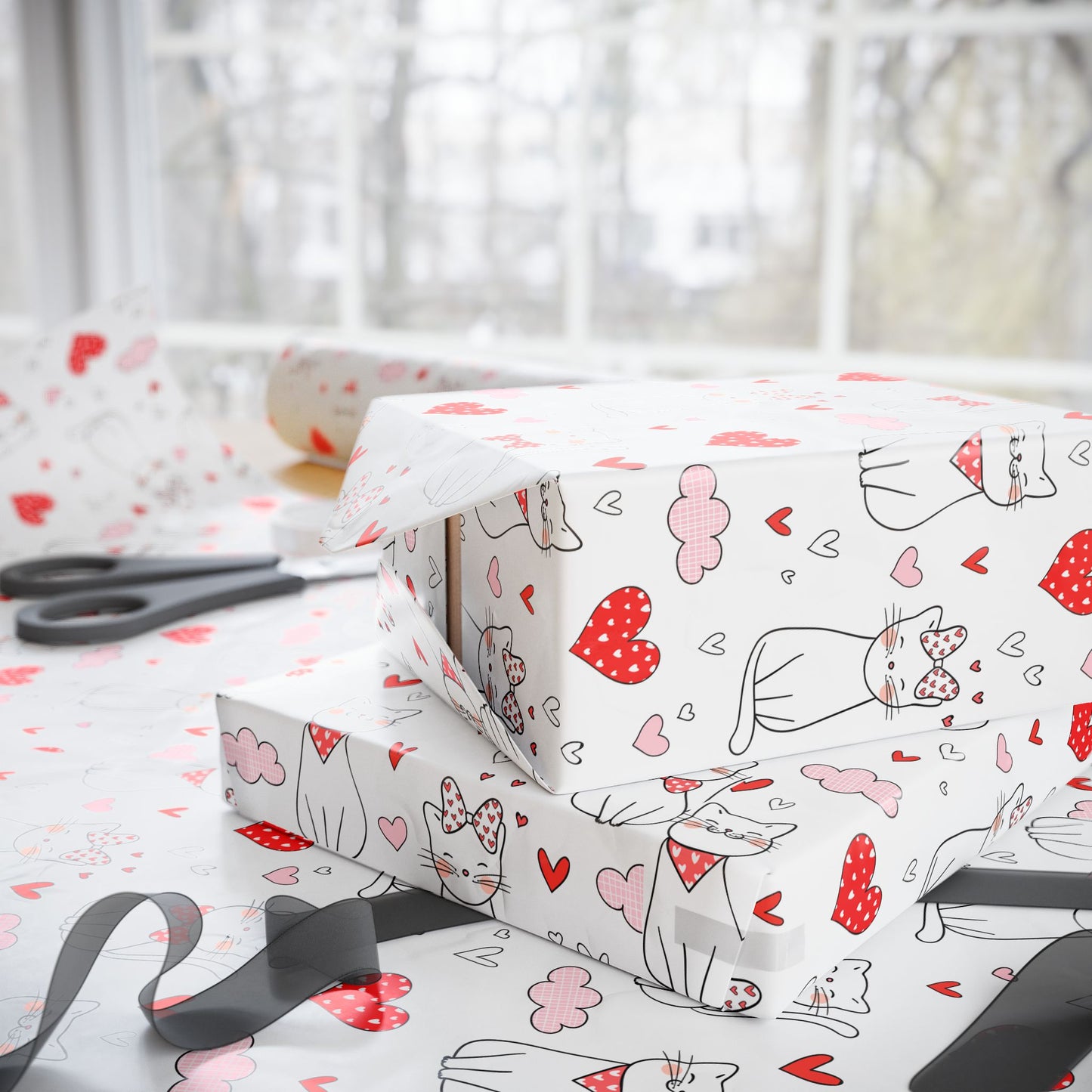 Valentine Cat & Hearts Wrapping Paper Roll — Cute Gift Wrap for Valentine's Day