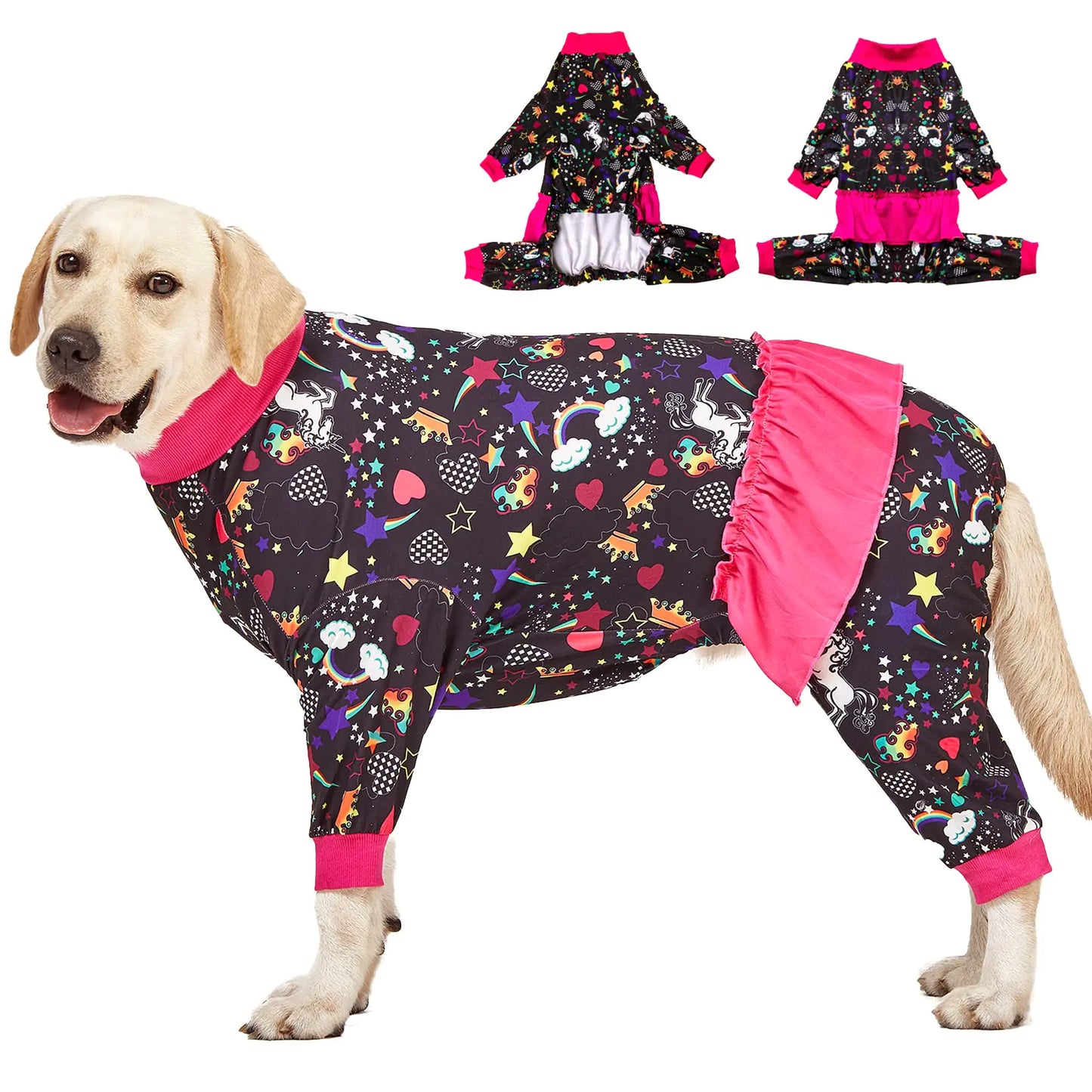 LovinPet Large Breed Dog Pajamas Wound Care/Post Surgery Recovery Shirt for Large Dogs Unicorn and Rainbow Black Print Lightweight Stretchy Pullover Large Puppy Pajamas Bodysuit Dog Jammies /3XL