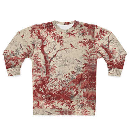 Toile de Jouy Scenic Sweatshirt — Vintage Red Botanical & Bird Print