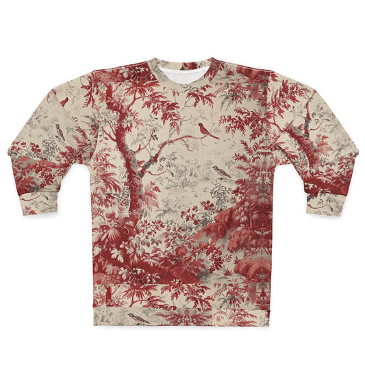Toile de Jouy Scenic Sweatshirt — Vintage Red Botanical & Bird Print