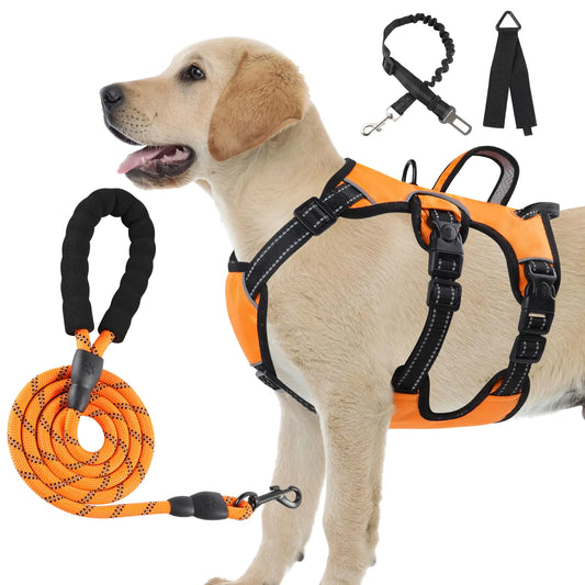 Escape Proof Dog Harness Large Sized Six Point Adjustalbe Soft Padded Full Body No Pull Dog Harness and Leash Set Reflective Dog Vest Harness with Handle Dog Harness for Large Size Dog(Orange L)