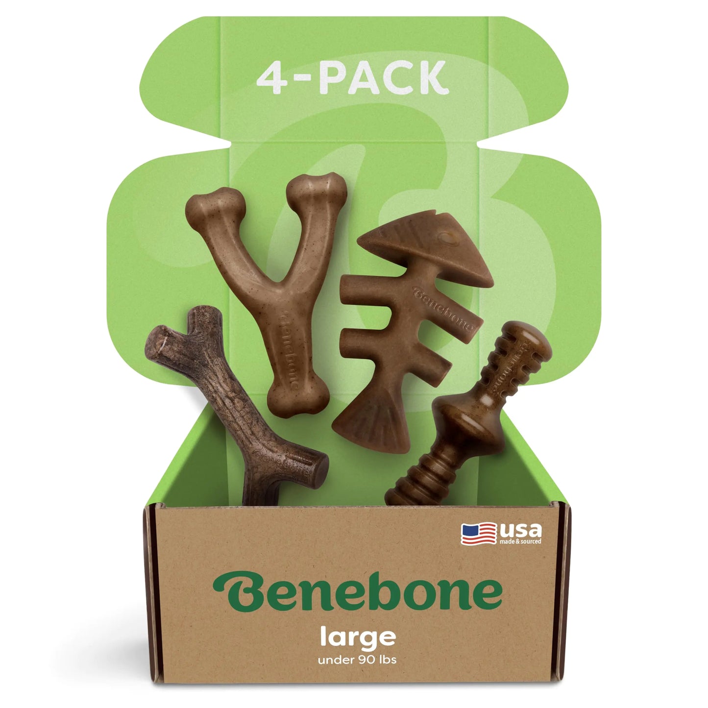 Benebone Large 4-Pack Dog Chew Toys for Aggressive Chewers Made in USA 90lbs and Under