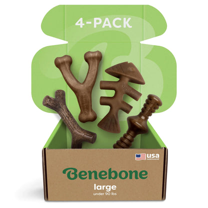 Benebone Large 4-Pack Dog Chew Toys for Aggressive Chewers Made in USA 90lbs and Under