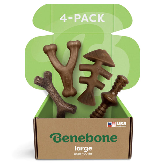 Benebone Large 4-Pack Dog Chew Toys for Aggressive Chewers Made in USA 90lbs and Under