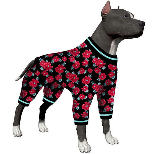 Dog Pajamas Apparel for Large Dogs - Large Dog Jammies Floral Navy & Ruby Print Lightweight Pullover Pet Pajamas Full Coverage Dog Pjs2XL